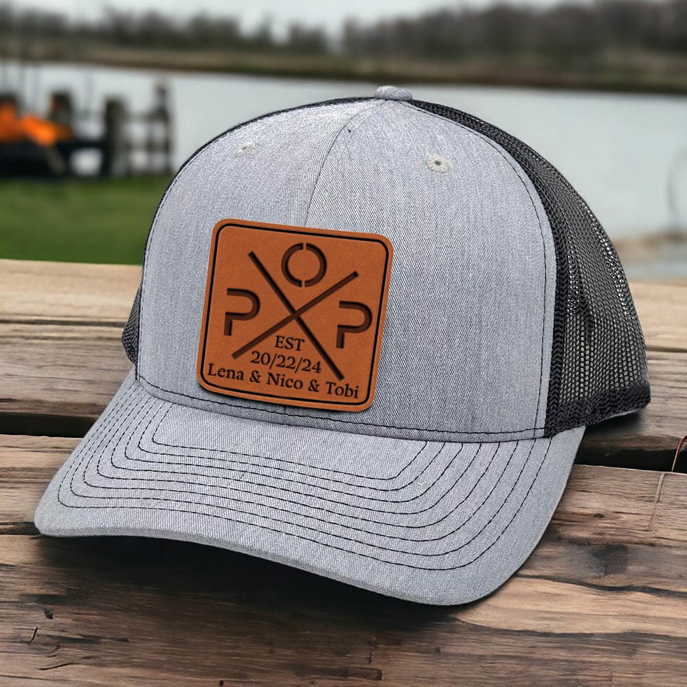 Personalized POP DAD Real Leather Patch Trucker Hat with Kids Names Father's Day Gift New Dad Gift