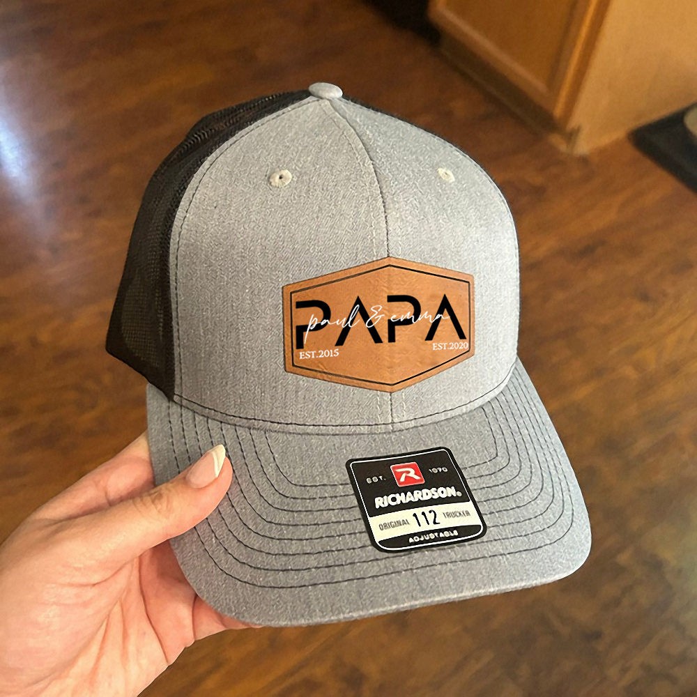 Personalized DAD Real Leather Patch Trucker Hat with Kids Names Father's Day Gift New Dad Gift