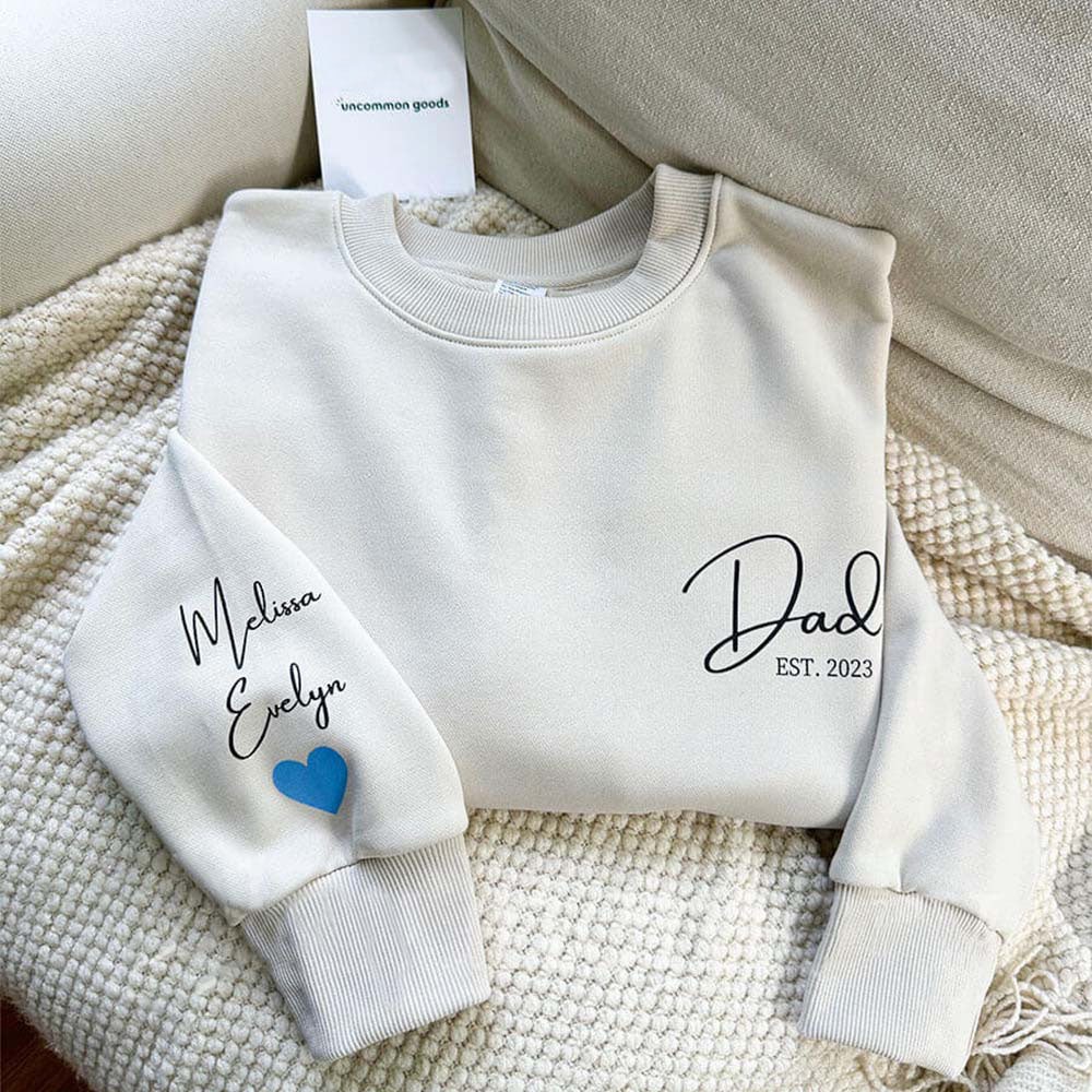 Personalized DAD EST Sweatshirt with Kids' Names and Heart on Sleeve Father's Day Gift