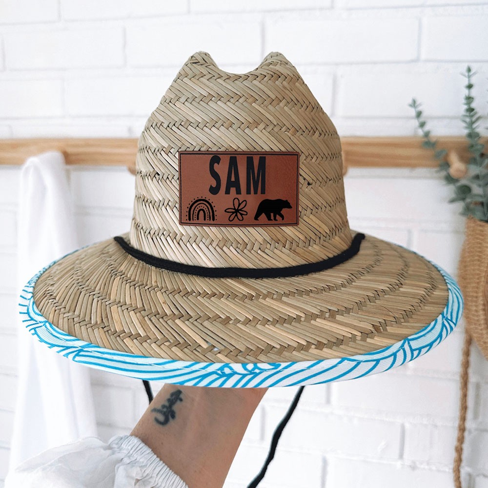Personalized Leather Name Patch Straw Hat Sun Hat With Name and Symbols Gift for Toddler Child Adult
