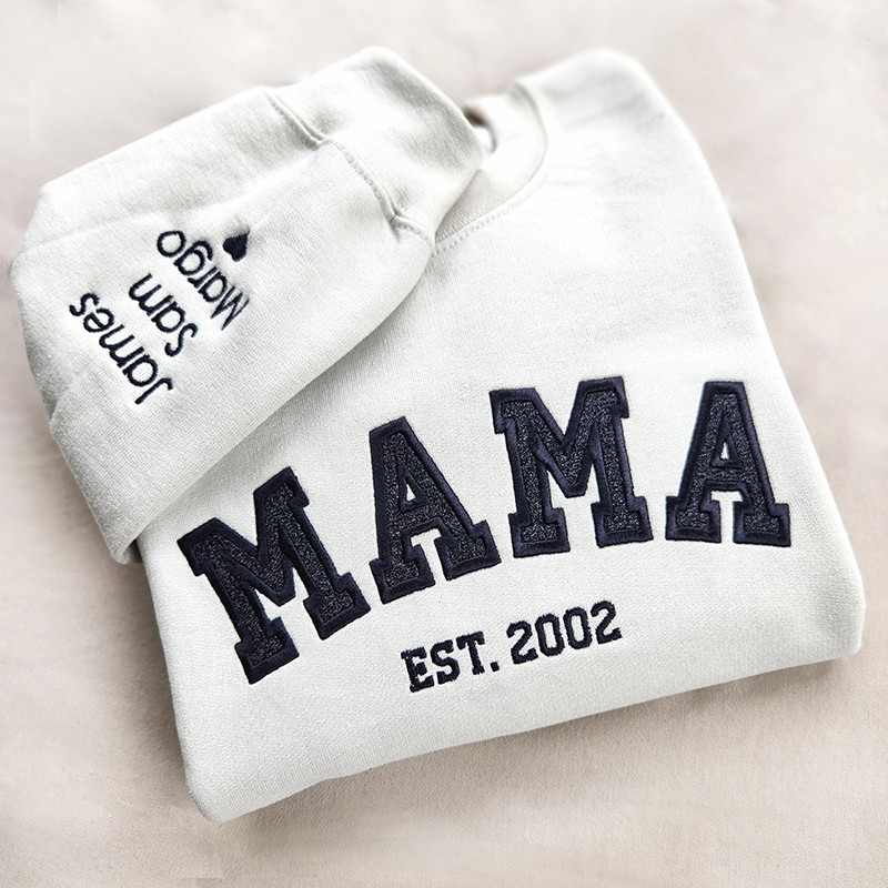Mama Embroidered Sweatshirt - Personalized Gift for Moms, Hers - Kids Names on Sleeve
