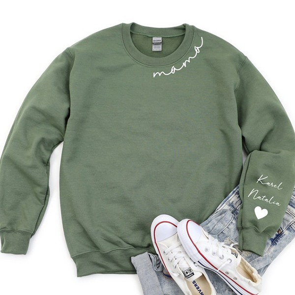 Custom Mama Sweatshirt With Kid Name On Sleeve, Personalized Mom Sweatshirt, Minimalist Momma Hoodie