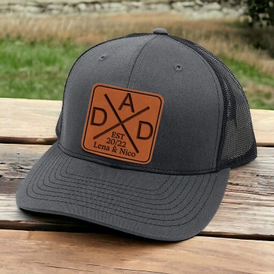 Personalized DAD Real Leather Patch Trucker Hat with Kids Names Father's Day Gift New Dad Gift