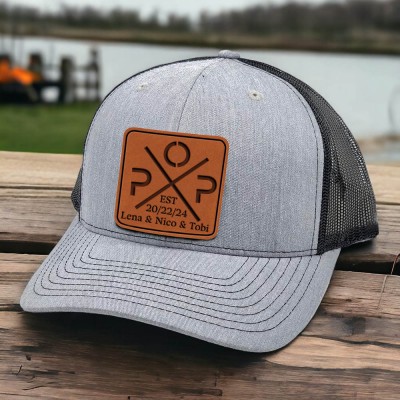 Personalized POP DAD Real Leather Patch Trucker Hat with Kids Names Father's Day Gift New Dad Gift