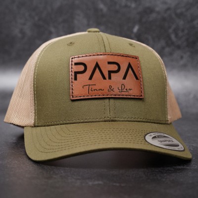 Personalized PAPA DAD Real Leather Patch Trucker Hat with Kids Names Father's Day Gift New Dad Gift