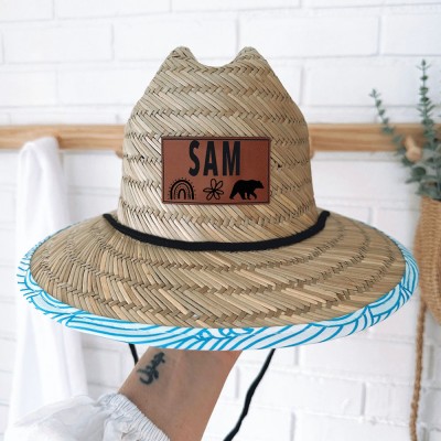 Personalized Leather Name Patch Straw Hat Sun Hat With Name and Symbols Gift for Toddler Child Adult
