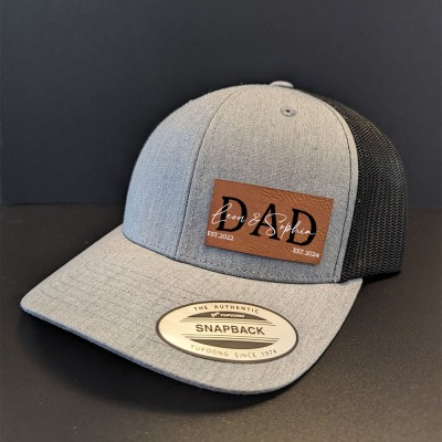 Personalized POP DAD Real Leather Patch Trucker Hat with Kids Names Father's Day Gift New Dad Gift