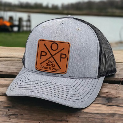 Personalized DAD Real Leather Patch Trucker Hat with Kids Names Father's Day Gift New Dad Gift