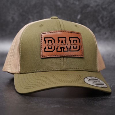 Personalized DAD Real Leather Patch Trucker Hat with Kids Names Father's Day Gift New Dad Gift