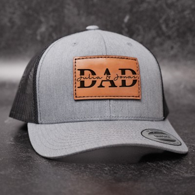 Personalized DAD Real Leather Patch Trucker Hat with Kids Names Father's Day Gift New Dad Gift