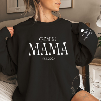 Custom Zodiac Mama Sweatshirt with Kids Names On Sleeve