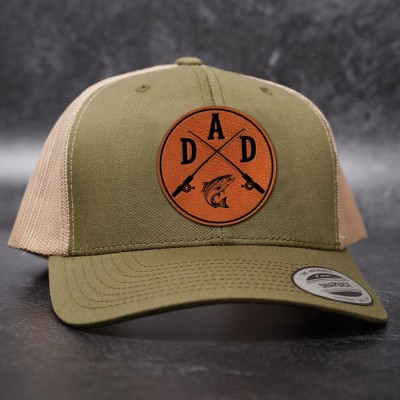 Personalized DAD Real Leather Patch Trucker Hat with Kids Names Father's Day Gift For Fishing Lover