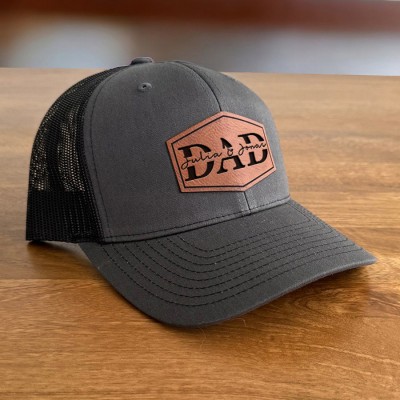 Personalized DAD Real Leather Patch Trucker Hat with Kids Names Father's Day Gift New Dad Gift