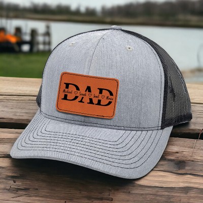 Personalized DAD Real Leather Patch Trucker Hat with Kids Names Father's Day Gift New Dad Gift