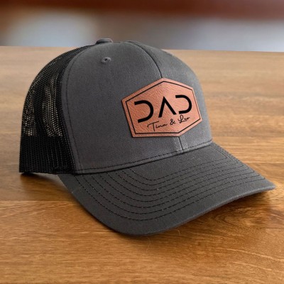 Personalized POP DAD Real Leather Patch Trucker Hat with Kids Names Father's Day Gift New Dad Gift