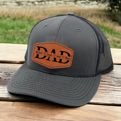 Personalized DAD Real Leather Patch Trucker Hat with Kids Names Father's Day Gift New Dad Gift