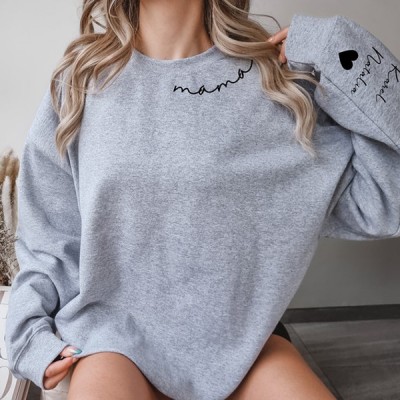 Custom Mama Sweatshirt With Kid Name On Sleeve, Personalized Mom Sweatshirt, Minimalist Momma Hoodie