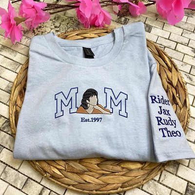 Embroidered Mama Sweatshirt, Mama Est With Kids Name On sleeve, Custom Portrait From Photo Shirt
