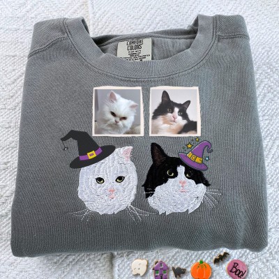 Custom Embroidered Cat Portrait from Photo with Halloween Witch Hat Portrait T-Shirt or Sweatshirt