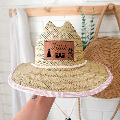 Personalized Leather Name Patch Straw Hat Sun Hat With Name and Symbols Gift for Toddler Child Adult