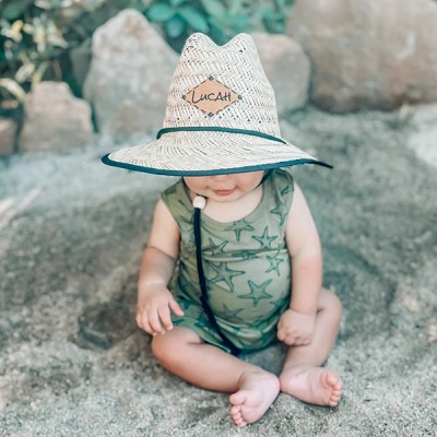 Faux Leather Name Patch Baby Hat Toddler Child Adult, Straw Hat