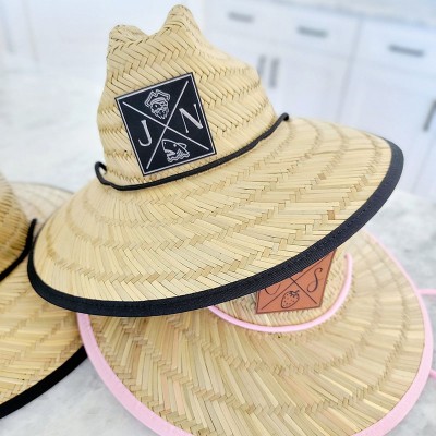 Personalized Leather Name Patch Straw Hat Sun Hat With Initials and Symbols Gift for Toddler Child Adult