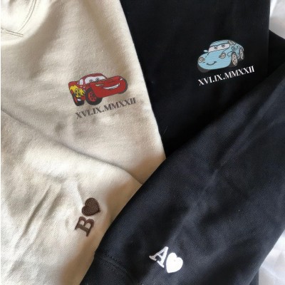 Custom Anniversary Date Cars Queen x Sally Embroidered Couple Sweatshirt